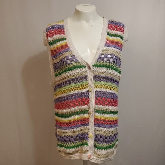 VTG Koret Francisca Petites Crocheted Vest Granny Chic Colorful Stripes Rainbow - Picture 1 of 11